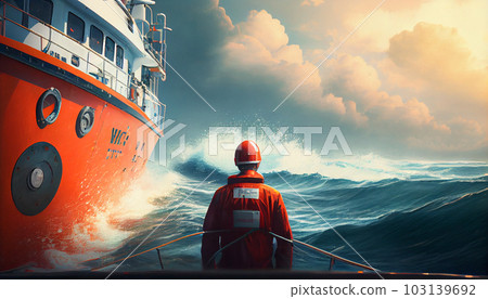 lifeguard approaching ship at blue sea. 103139692