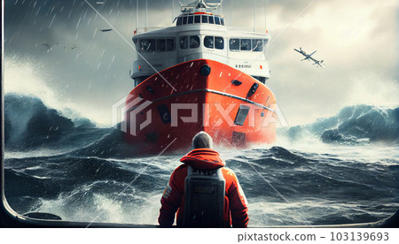 lifeguard approaching ship at blue sea. 103139693