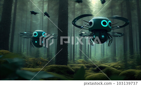 Modern drone flies in the forest. Dark drone in air against the backdrop of landscape. 103139737