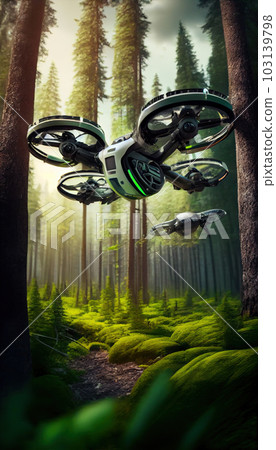 Agressive Modern drone flies in the forest. Agressive Modern drone flies in the forest. 103139798