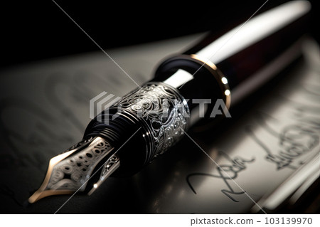 Silver fountain pen leaves drawing a straight ink line on a white paper closeup. 103139970