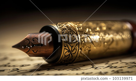 Golden fountain pen leaves drawing a straight ink line on a white paper closeup. 103139971