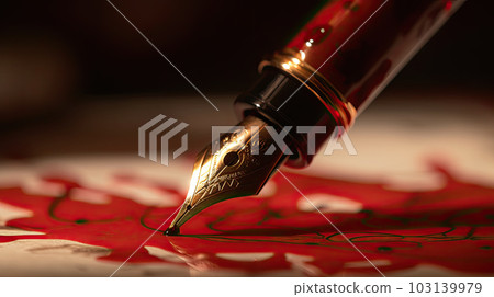 Golden fountain pen leaves drawing a straight ink line on a white paper closeup. 103139979