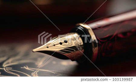 Golden fountain pen leaves drawing a straight ink line on a white paper closeup. Golden fountain pen leaves drawing a straight ink line on a white paper closeup. 103139987