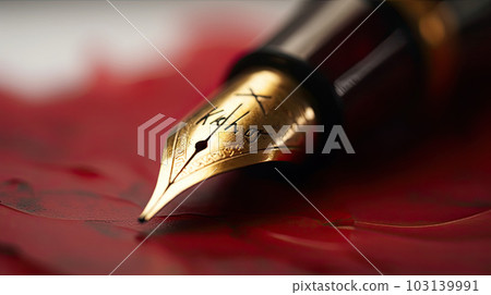 Golden fountain pen leaves drawing a straight ink line on a white paper closeup. Golden fountain pen leaves drawing a straight ink line on a white paper closeup. 103139991