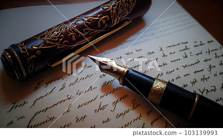 Golden fountain pen leaves drawing a straight ink line on a white paper closeup. 103139993