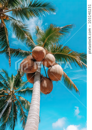 Palm full of coconuts on blue sky background Palm full of coconuts on blue sky background 103140231