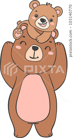 Cute super Hero Daddy bear and happy baby bear father's day cartoon animal character outline doodle drawing 103140770