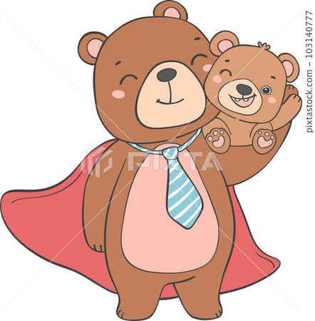 Cute super Hero Daddy bear and happy baby bear father's day cartoon animal character outline doodle drawing 103140777