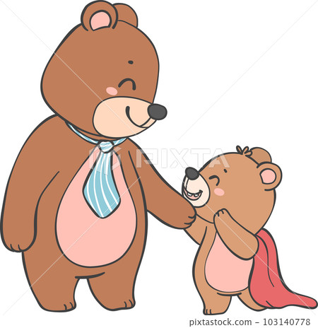 Cute super Hero Daddy bear and happy baby bear father's day cartoon animal character outline doodle drawing 103140778