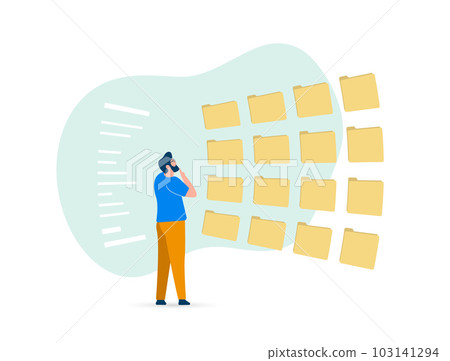 Efficient Document Management System for business. Organize and search files easily. Boost productivity with intuitive folder navigation and file management software. Businessman looks at many folders 103141294