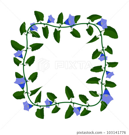 Green blooming liana plant frame with blue flowers. Cartoon square border for greeting card decorating, invitation cards. Colored vector isolated on white background Green blooming liana plant frame with blue flowers. Cartoon square border for greeting card decorating, invitation cards. Colored vector isolated on white background 103141776