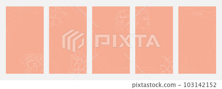 Social media story design templates. Abstract lines, woman faces and flowers on pink background 103142152