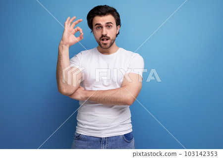 calm bearded man showing ok gesture calm bearded man showing ok gesture 103142353