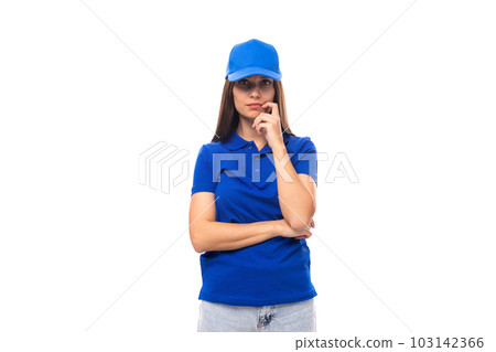 pretty young promoter woman in blue cotton t-shirt and cap pretty young promoter woman in blue cotton t-shirt and cap 103142366