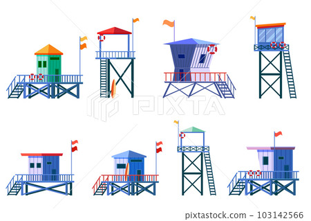 Set of Lifeguard Tower icons. Station beach building Set of Lifeguard Tower icons. Station beach building 103142566