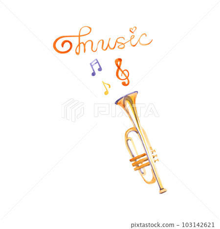 Watercolor trumpet on white background. Beautiful classic instrument. Watercolor trumpet on white background. Beautiful classic instrument. 103142621