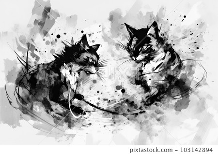 Fighting cats in ink painting Fighting cats in ink painting 103142894