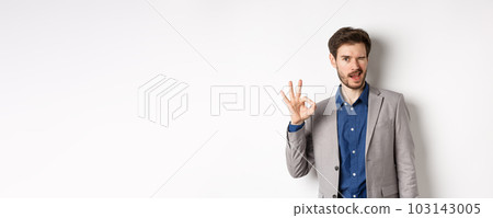 All good. Confident male ceo manager showing okay sign and winking, everything under control, praising nice work, standing on white background 103143005