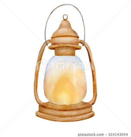 Camping burning lamp with wick. Watercolor clipart isolated on white. Nautical cute illustration 103143054
