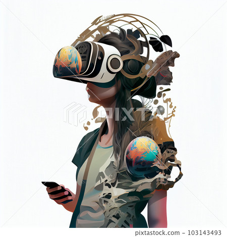Metaverse technology concept. Woman with VR virtual reality goggles. Futuristic lifestyle. Metaverse technology concept. Woman with VR virtual reality goggles. Futuristic lifestyle. 103143493