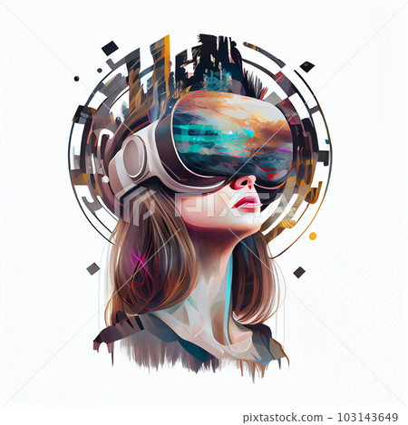 Metaverse Digital Virtual Reality Technology of a woman with glasses and a headset VR connected to the virtual space Metaverse Digital Virtual Reality Technology of a woman with glasses and a headset VR connected to the virtual space 103143649