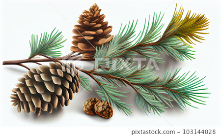 Pine tree branch and cones isolated on white Pine tree branch and cones isolated on white 103144028