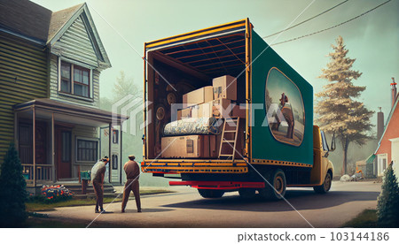 Relocation moving truck on street near by new house 103144186