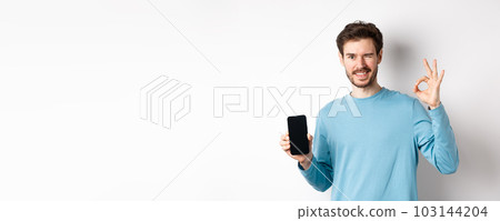 E-commerce and shopping concept. Smiling guy wink and show okay sign with empty smartphone screen, recommending online offer, standing on white background 103144204