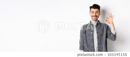 Smiling handsome man showing OK sign, like good product, recommending advertisement, standing satisfied on white background 103145158