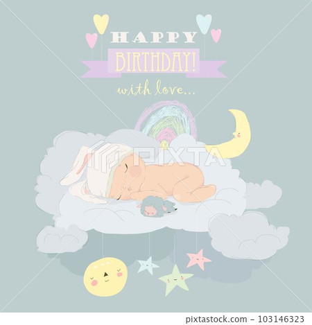 Cartoon Illustration of Cute Baby sleeping on a Cloud Cartoon Illustration of Cute Baby sleeping on a Cloud 103146323