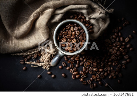 Top view of cup of coffee with coffee beans on desk with coffee beans and sack. AI generated Top view of cup of coffee with coffee beans on desk with coffee beans and sack. AI generated 103147691