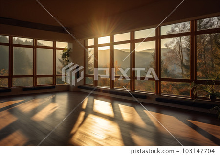 Serene and calming yoga room with bamboo floors, natural mats. Generative AI. 103147704