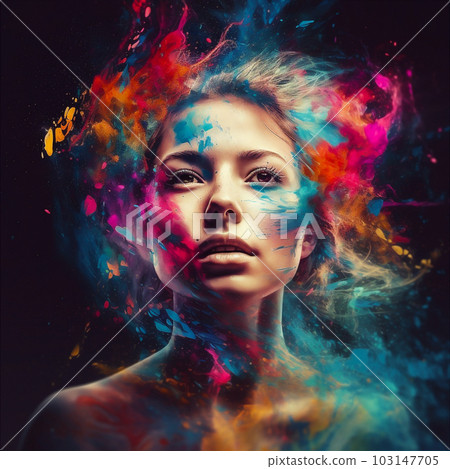 Beautiful fantasy abstract portrait of young woman, girl with colorful powder over her head. AI generated 103147705