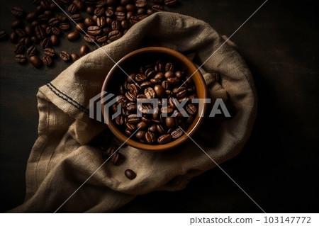 Top view of cup of coffee with coffee beans on desk with coffee beans and sack. AI generated 103147772