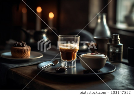 Magnificent breakfast with espresso and macchiato on bar countertop. Generative AI 103147832