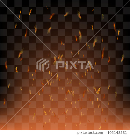 Vector realistic fire. Red Flame over checkered black background. Hot red and yellow burning fire with flying embers Vector realistic fire. Red Flame over checkered black background. Hot red and yellow burning fire with flying embers 103148281