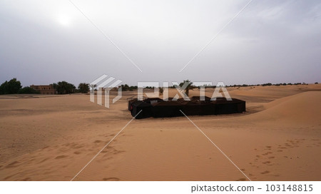 Sahara Desert, Chebbi dune scenery and camel tent [Morocco Merzouga] 103148815