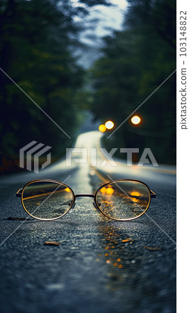road center line leading to source of light behind an eyeglasses, with blur background road center line leading to source of light behind an eyeglasses, with blur background 103148822