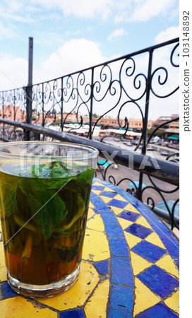Mint tea at a cafe overlooking Jemaa El Fna Square [Morocco Marrakech] 103148892