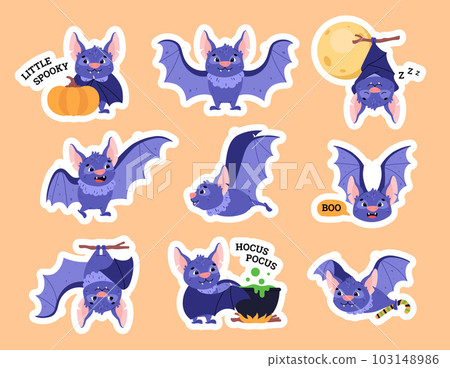Cute bat, set of Halloween stickers - cartoon flat vector illustration isolated on yellow background. Cute bat, set of Halloween stickers - cartoon flat vector illustration isolated on yellow background. 103148986
