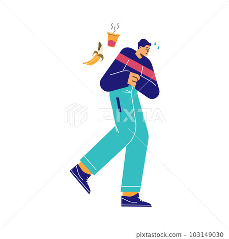 Man running to toilet after food poisoning, diarrhea or constipation - flat vector illustration isolated on white. 103149030