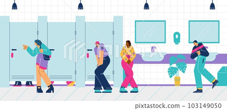 People in different poses queuing in public toilet flat style 103149050