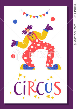 Poster or vertical banner with funny clown circus performer flat style Poster or vertical banner with funny clown circus performer flat style 103149081