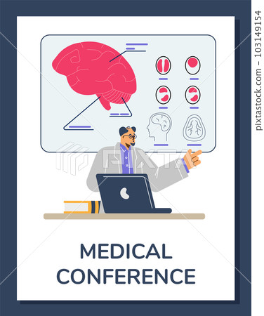 Medical conference banner with professor gives lecture to students, flat vector. 103149154