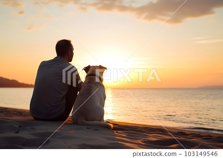 Friendship concept. Man and dog sitting together at sea beach and looking at sunset, neural network generated art 103149546