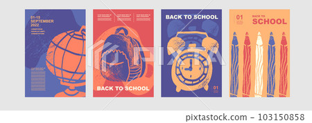 Globe, backpack, watch, alarm, clock, pencil. Set of abstract, vector illustrations. Back to School. Elements and objects on school themes, simple background for poster. School backgrounds.	 103150858