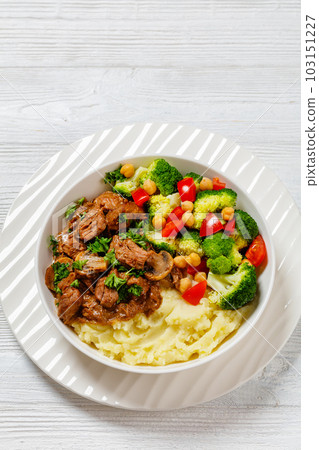 beef mushrooms stew with mashed potato and salad beef mushrooms stew with mashed potato and salad 103151227