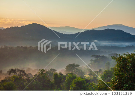 Himalaya hills in mist, sunrise landscape 103151359