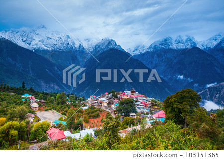 Kalpa town aerial panoramic view, India 103151365